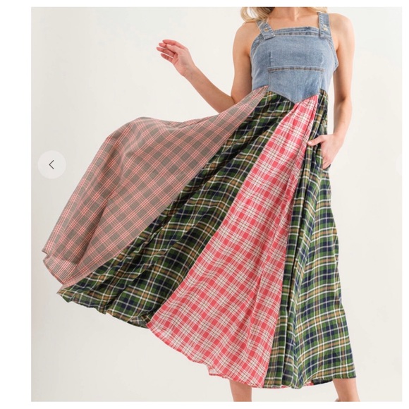 13 Boho Denim Multi Fabric Pleated Suspender Dress - Picture 2 of 5